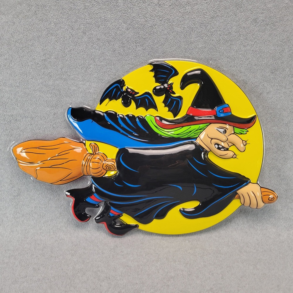 80s 90s Halloween Witch Wall Decor Large Yellow Vintage Vacuform 21in